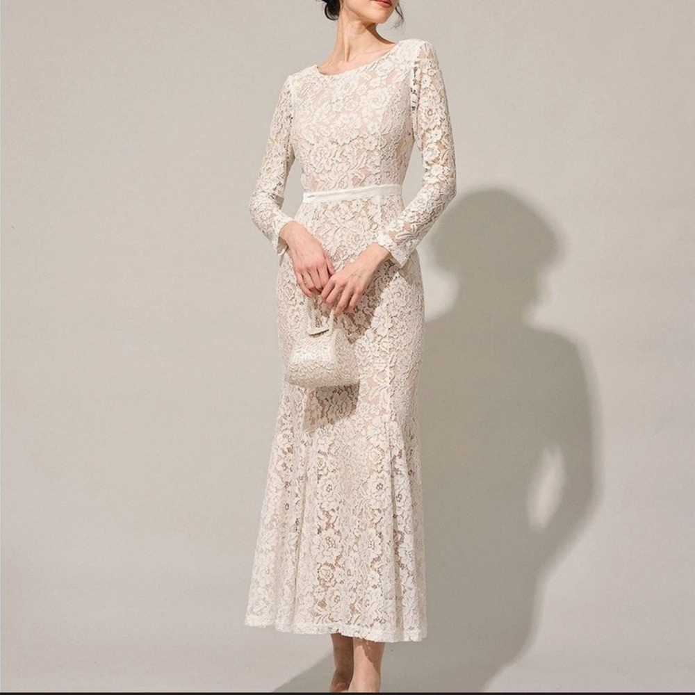 Rihoas Elegant Lace Long Sleeve White Dress